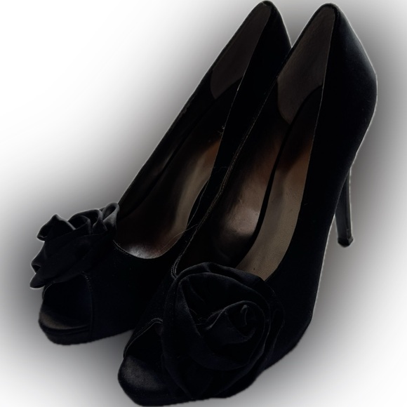 Nine West Shoes - Nine West Black Satin Peep-Toe Heels with Floral Detail